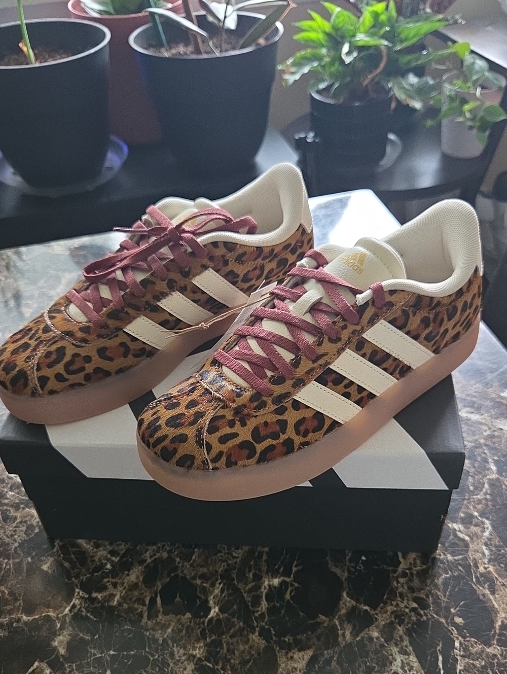 adidas Kids Leopard Print Sneakers with Cream Stripes and Burgundy Laces